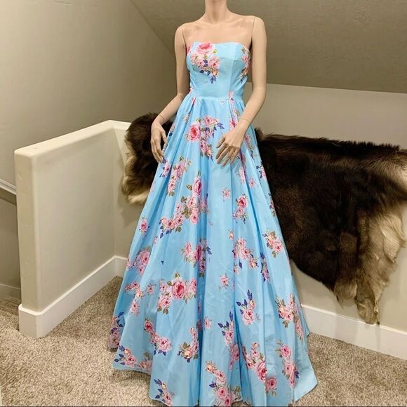 New Strapless Blue Floral Print Ball Gown With Sequined Shawl - Picture 3 of 15